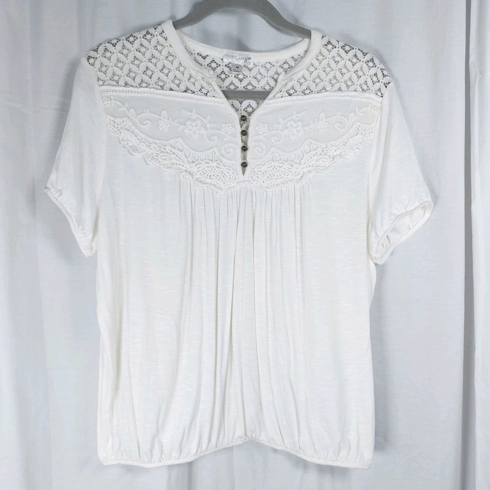 Orange Kiss Crochet Lace Top Cream Size M Jersey Short Sleeve Elastic Waist‎